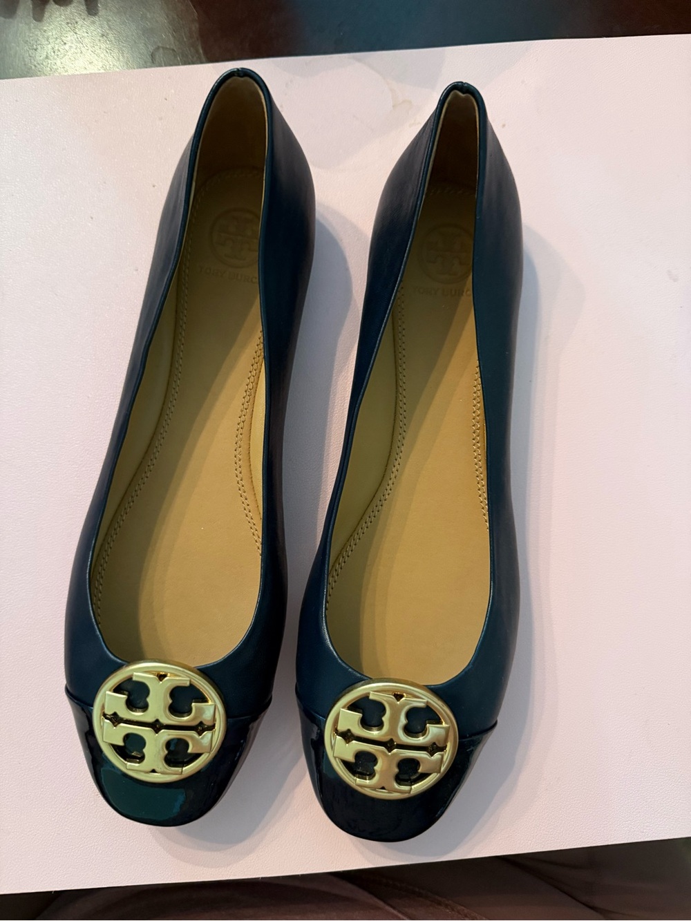 Tory Burch Navy Leather Logo Cap-Toe Ballet Flats